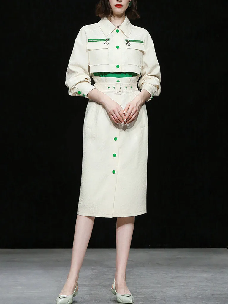 3PS White Turn-down Collar Long Sleeve Coat With White Skirt Suits