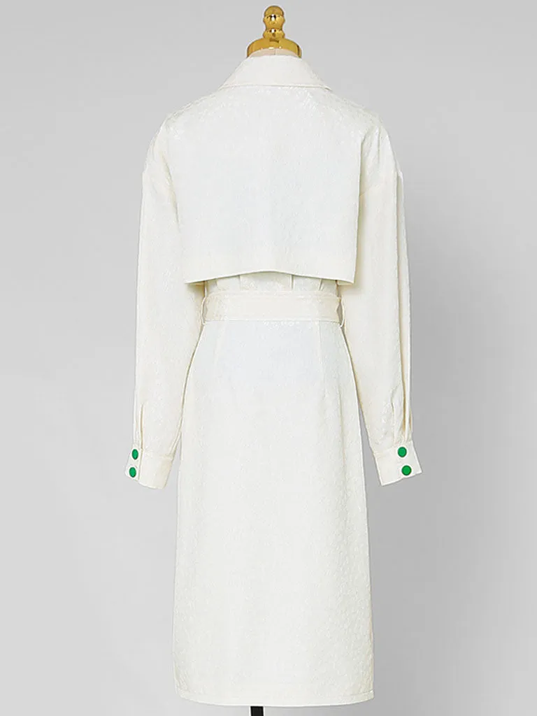 3PS White Turn-down Collar Long Sleeve Coat With White Skirt Suits