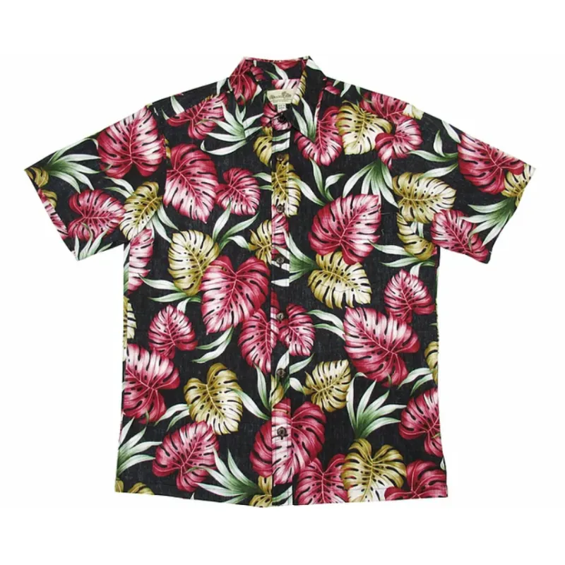 Black Monstera Leaf Hawaiian Shirt | Black and Red