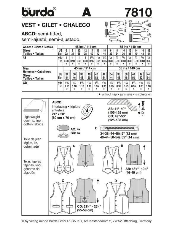 Burda 7810 Unisex Waiscoat Pattern