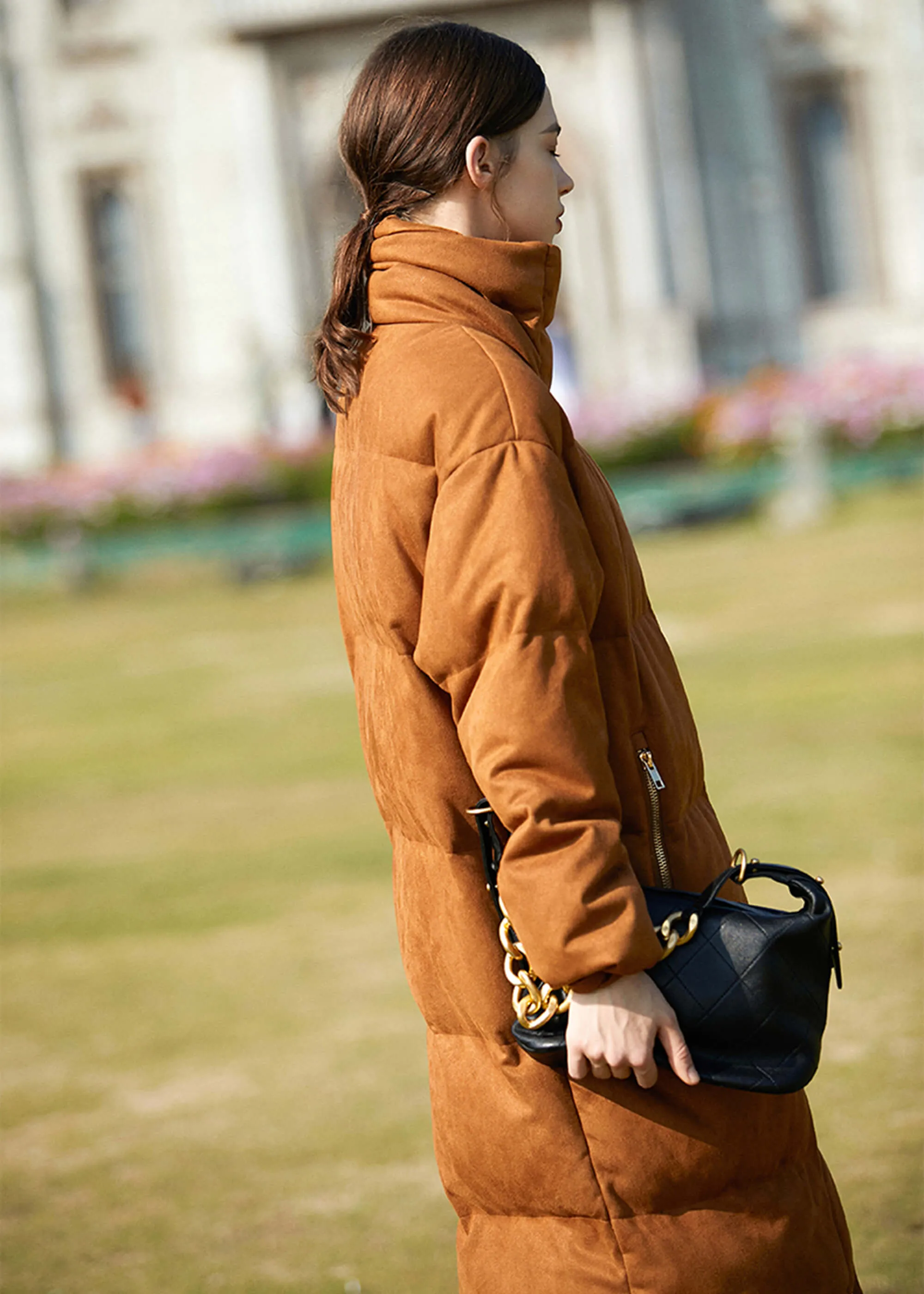 Caroline Suede Long Down Puffer Parka Coat