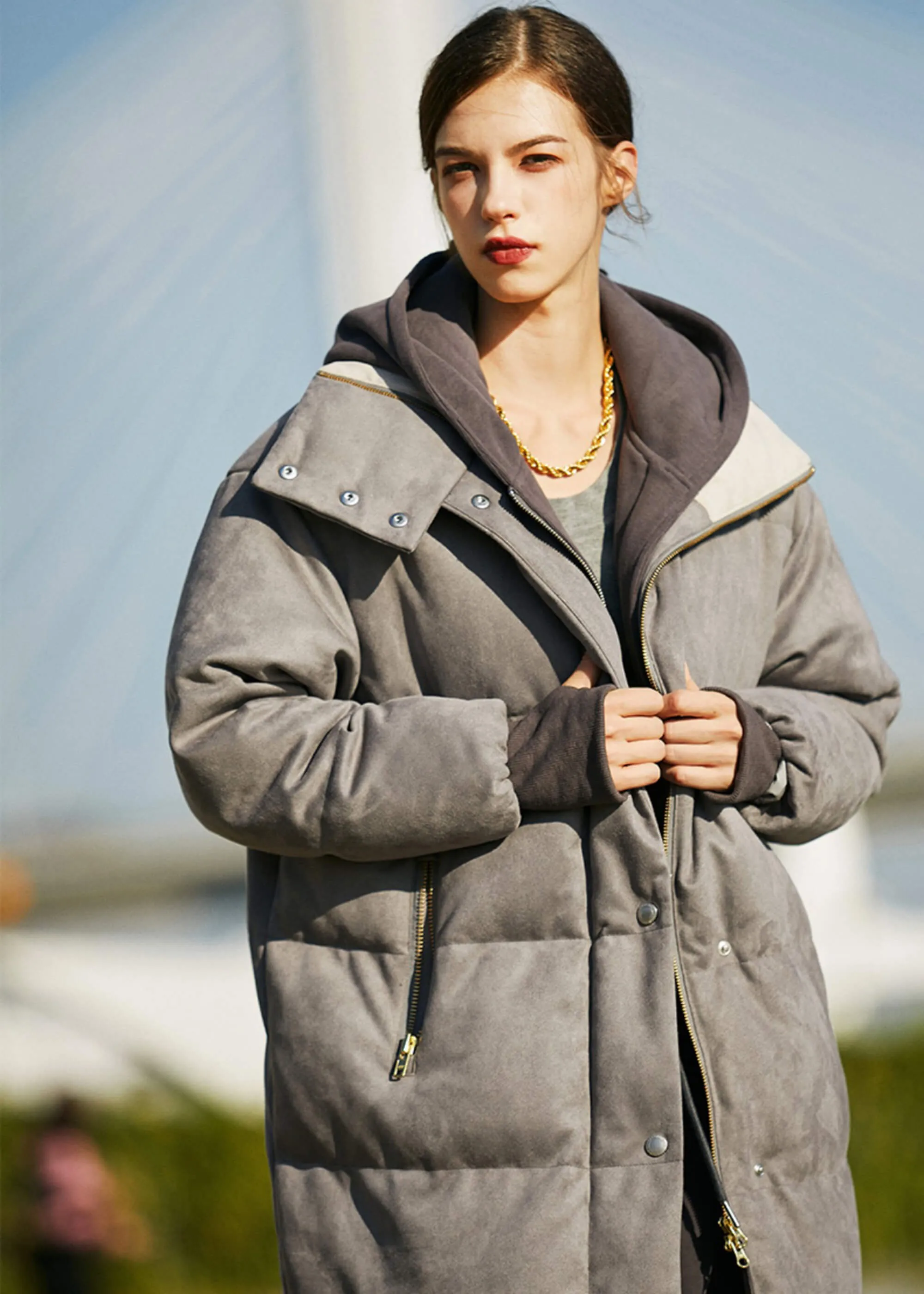 Caroline Suede Long Down Puffer Parka Coat