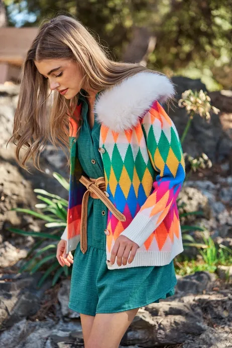 Colorful Diamond Faux Fur Cardigan