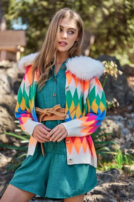 Colorful Diamond Faux Fur Cardigan