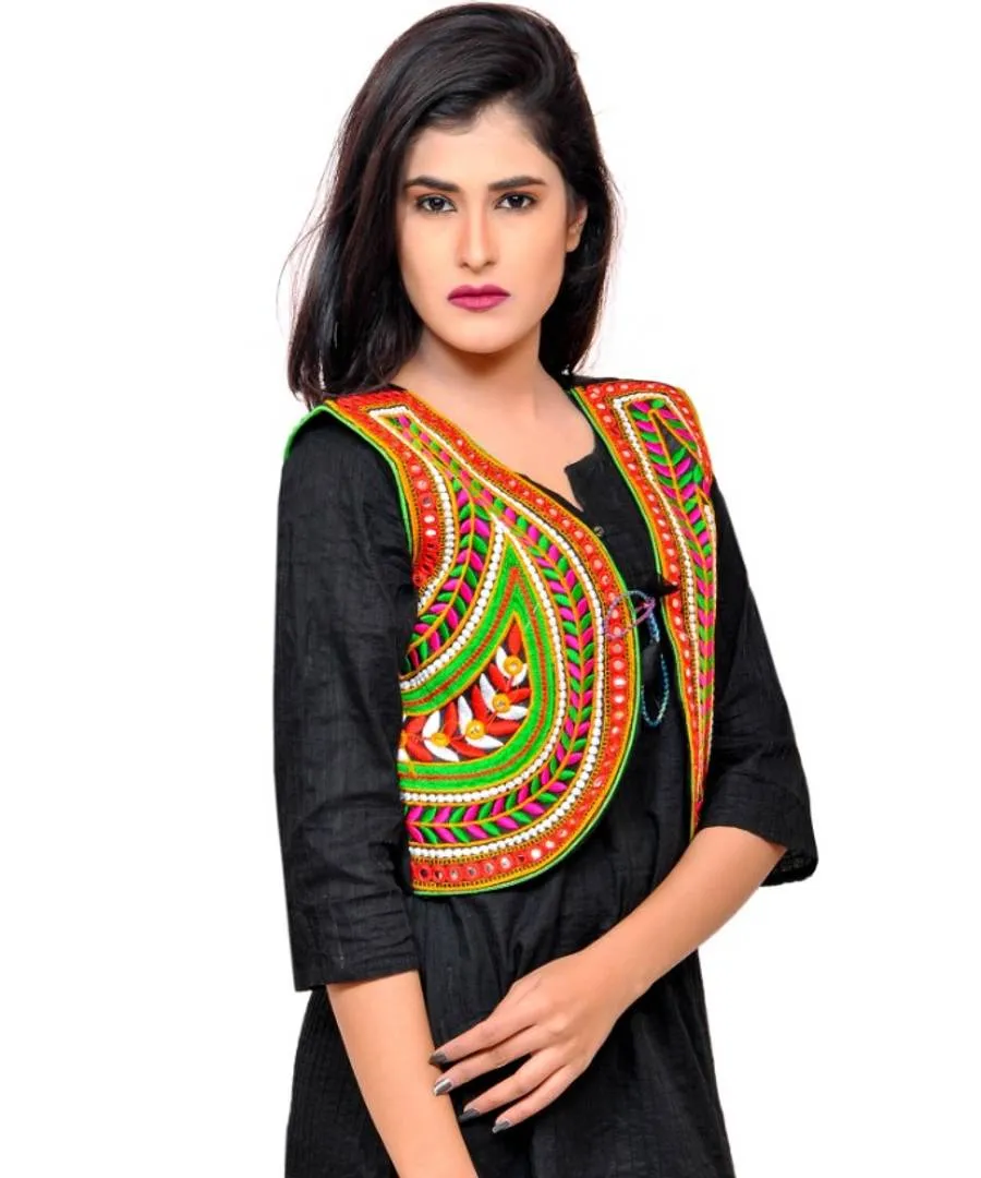 Cotton Blend Kutchi Embroidered Sleeveless Short Jacket/Koti/Shrug