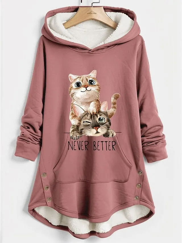 Cozy Cat Print Sherpa Fleece Lined Women's Hoodie Sweatshirt