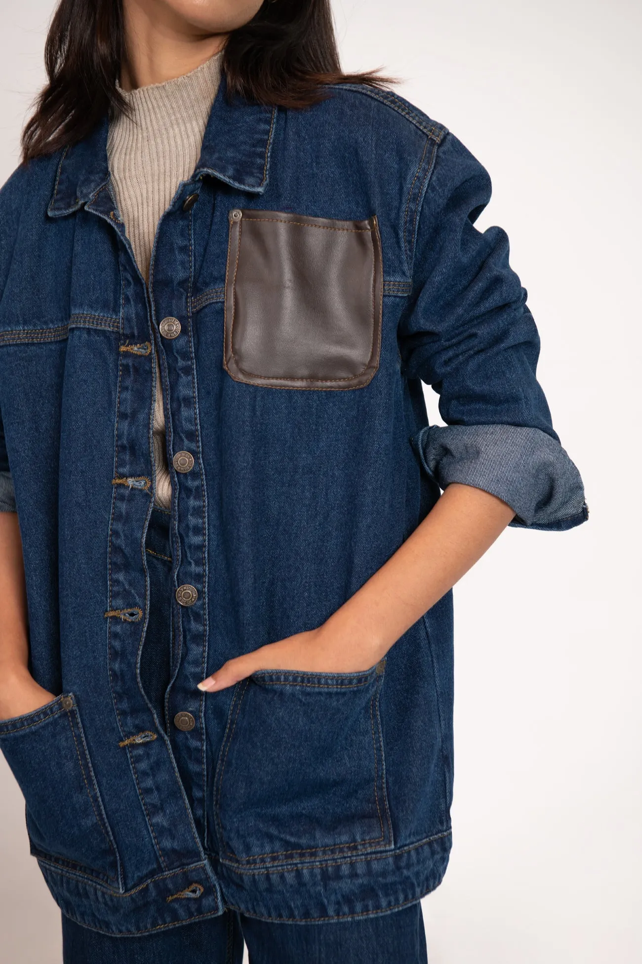 DENIM JACKET WITH LEATHER PATCH POCKET