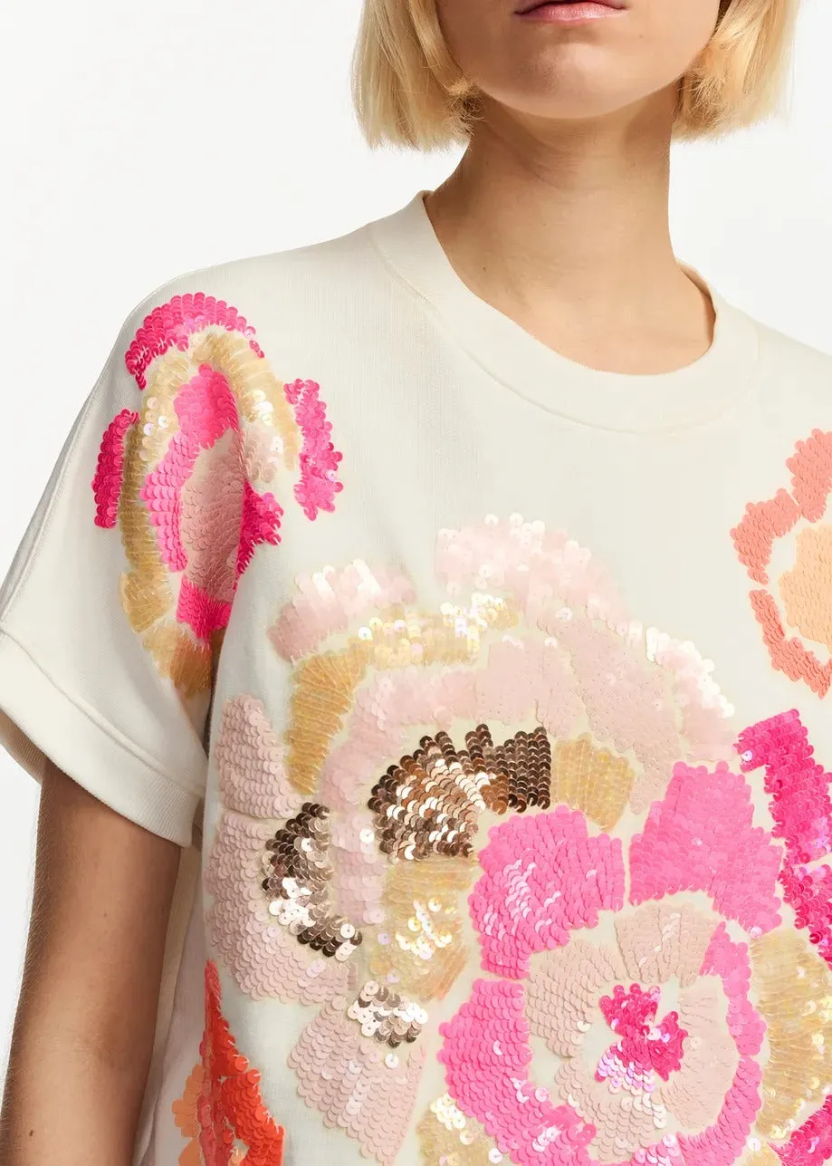 Essentiel Antwerp Off-white sleeveless sweatshirt with sequin embroideries