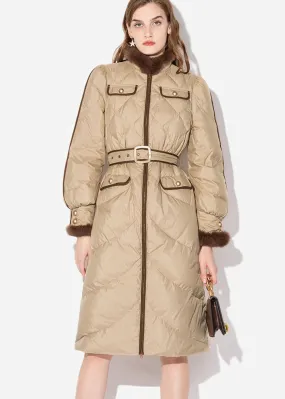 Estelle Belted Puff Sleeve Rabbit Fur Down Coat