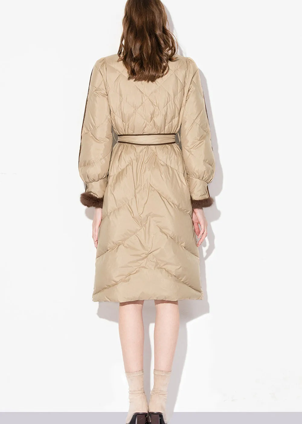 Estelle Belted Puff Sleeve Rabbit Fur Down Coat