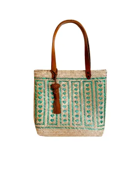 Keta tan leather tote bag / green hearts hand woven palm