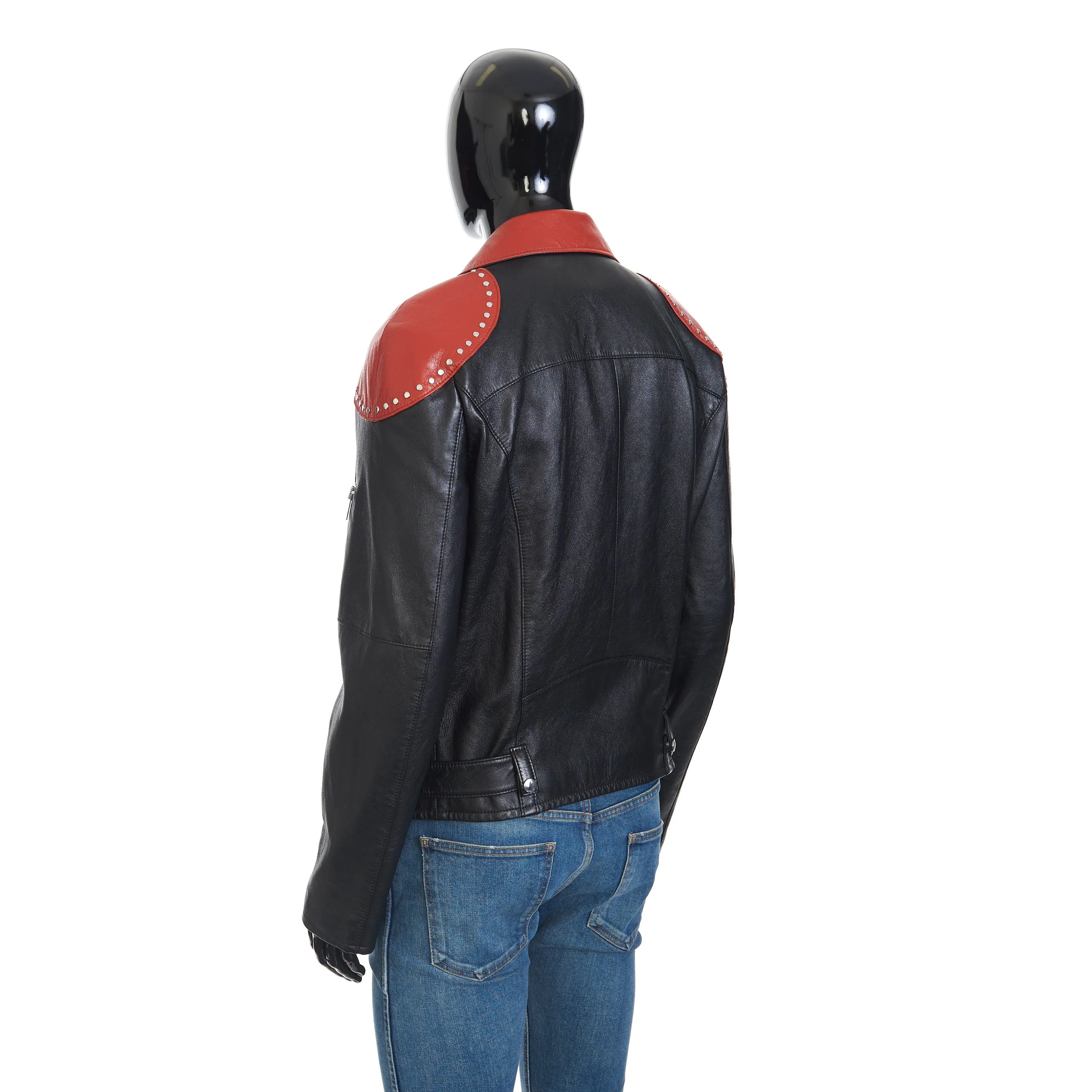 Loose Fit Studded Biker Jacket In Black & Red Soft Lambskin