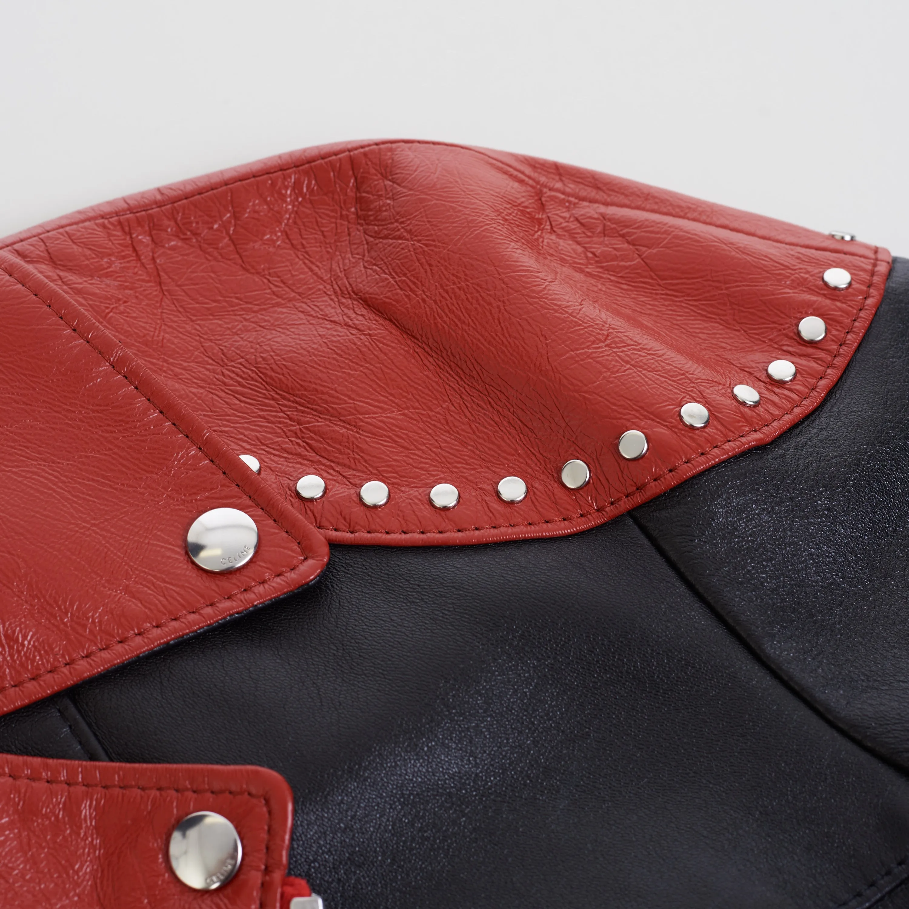 Loose Fit Studded Biker Jacket In Black & Red Soft Lambskin