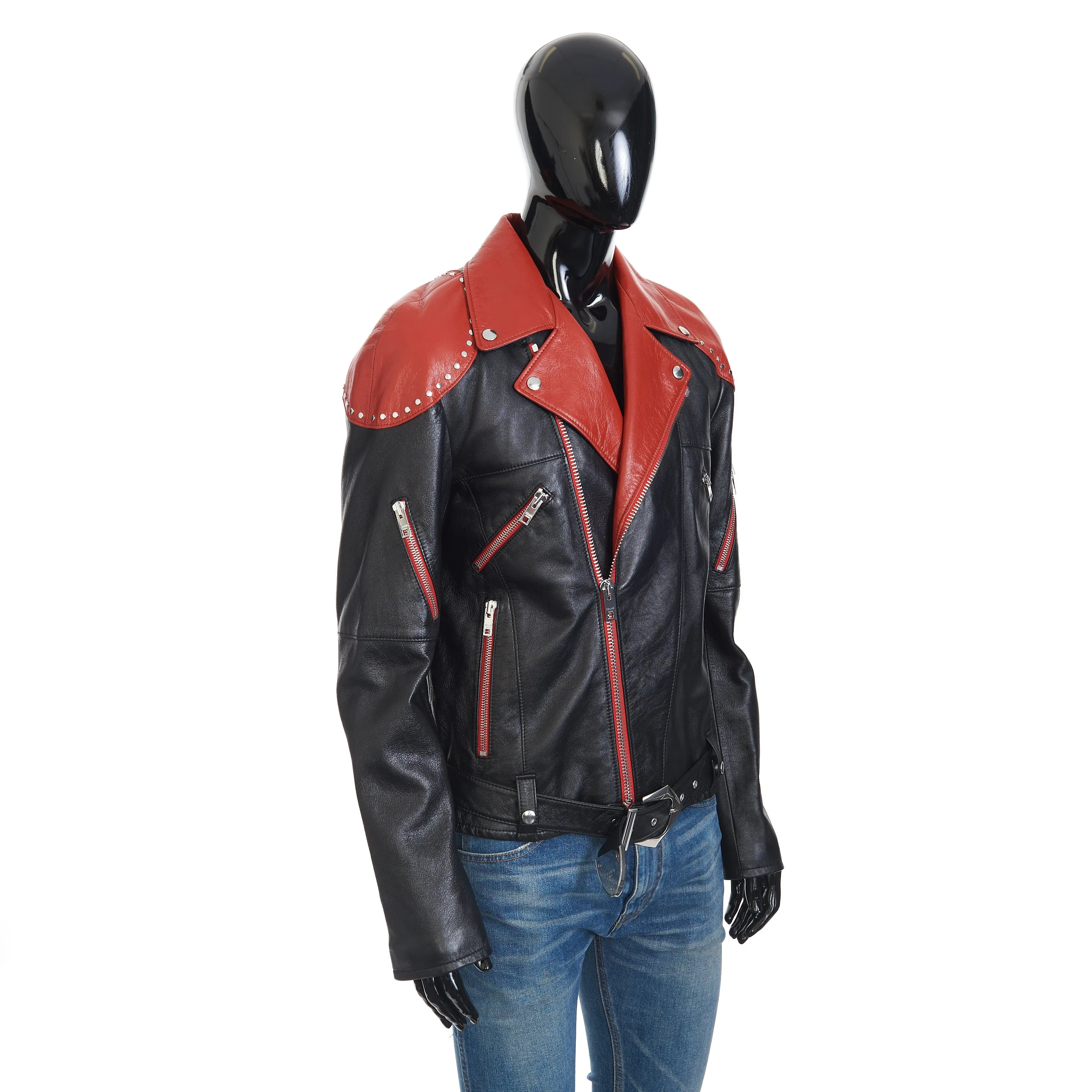 Loose Fit Studded Biker Jacket In Black & Red Soft Lambskin