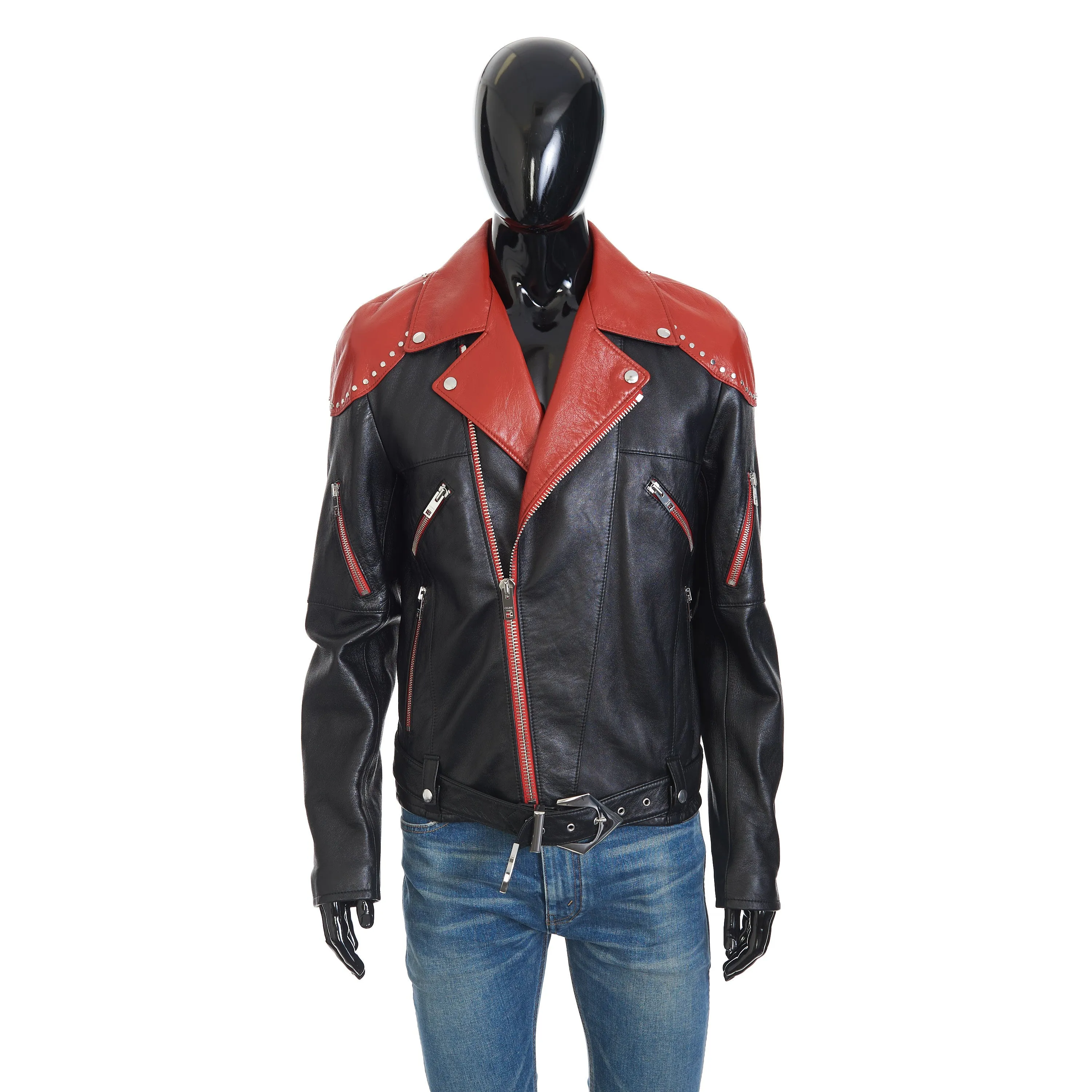 Loose Fit Studded Biker Jacket In Black & Red Soft Lambskin