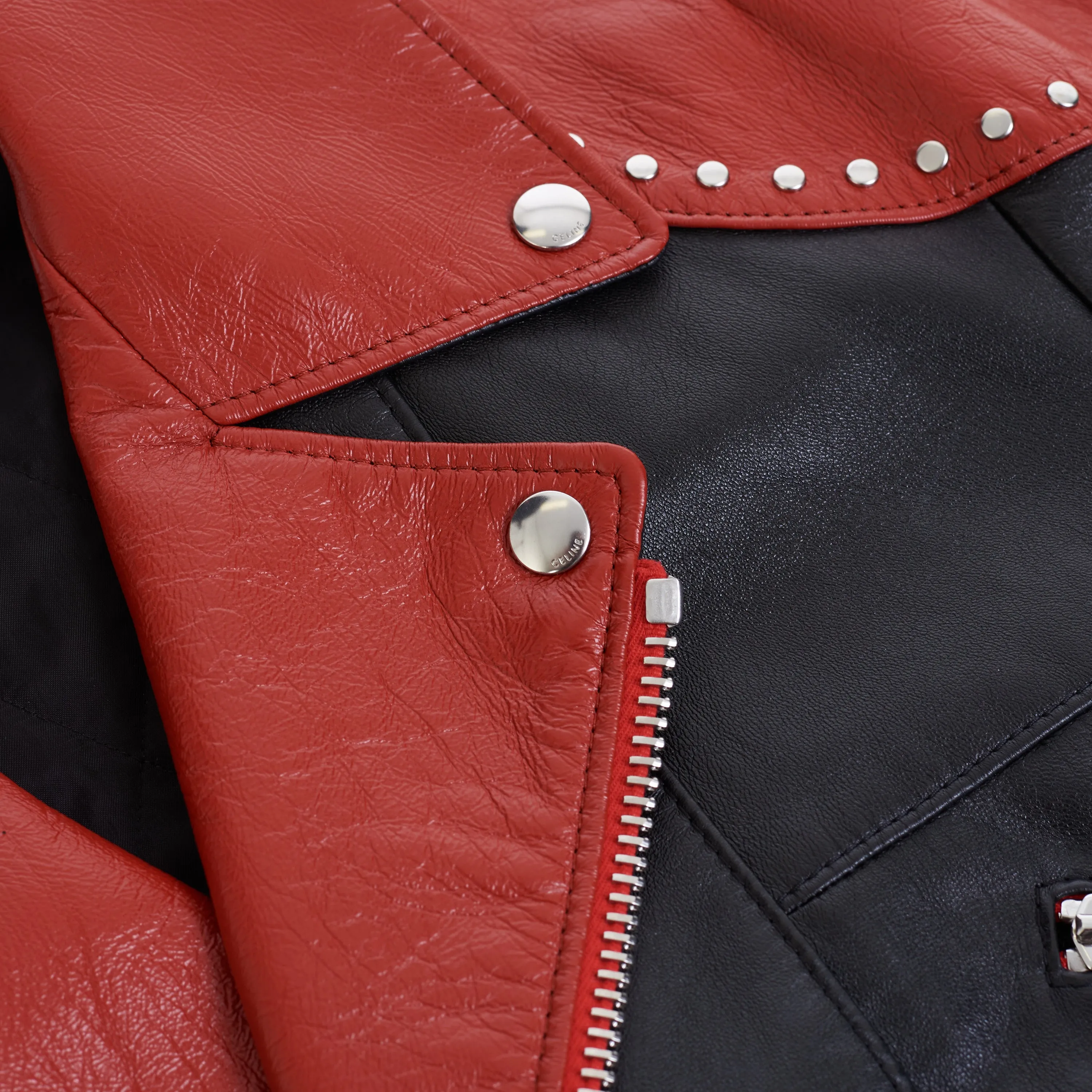 Loose Fit Studded Biker Jacket In Black & Red Soft Lambskin