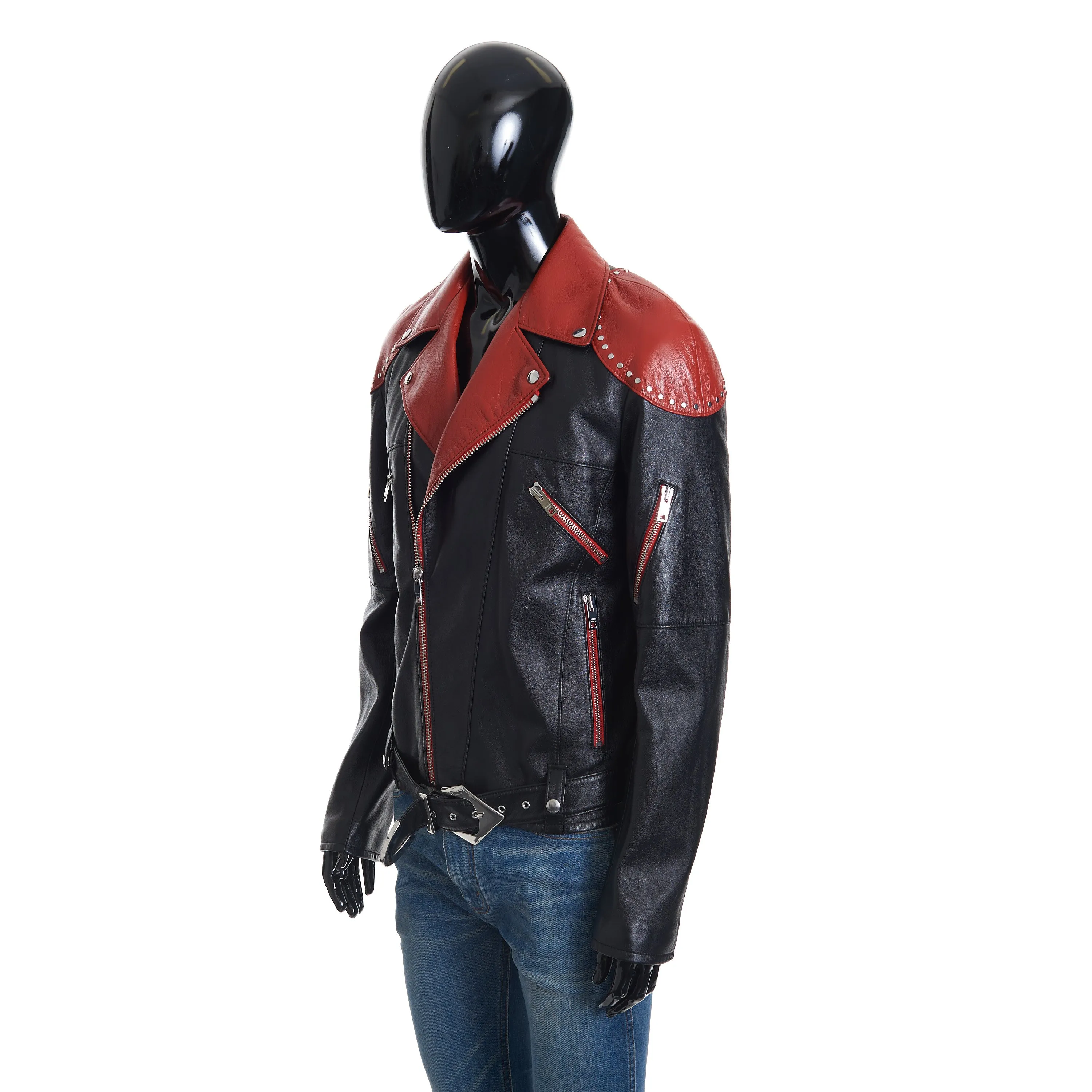 Loose Fit Studded Biker Jacket In Black & Red Soft Lambskin