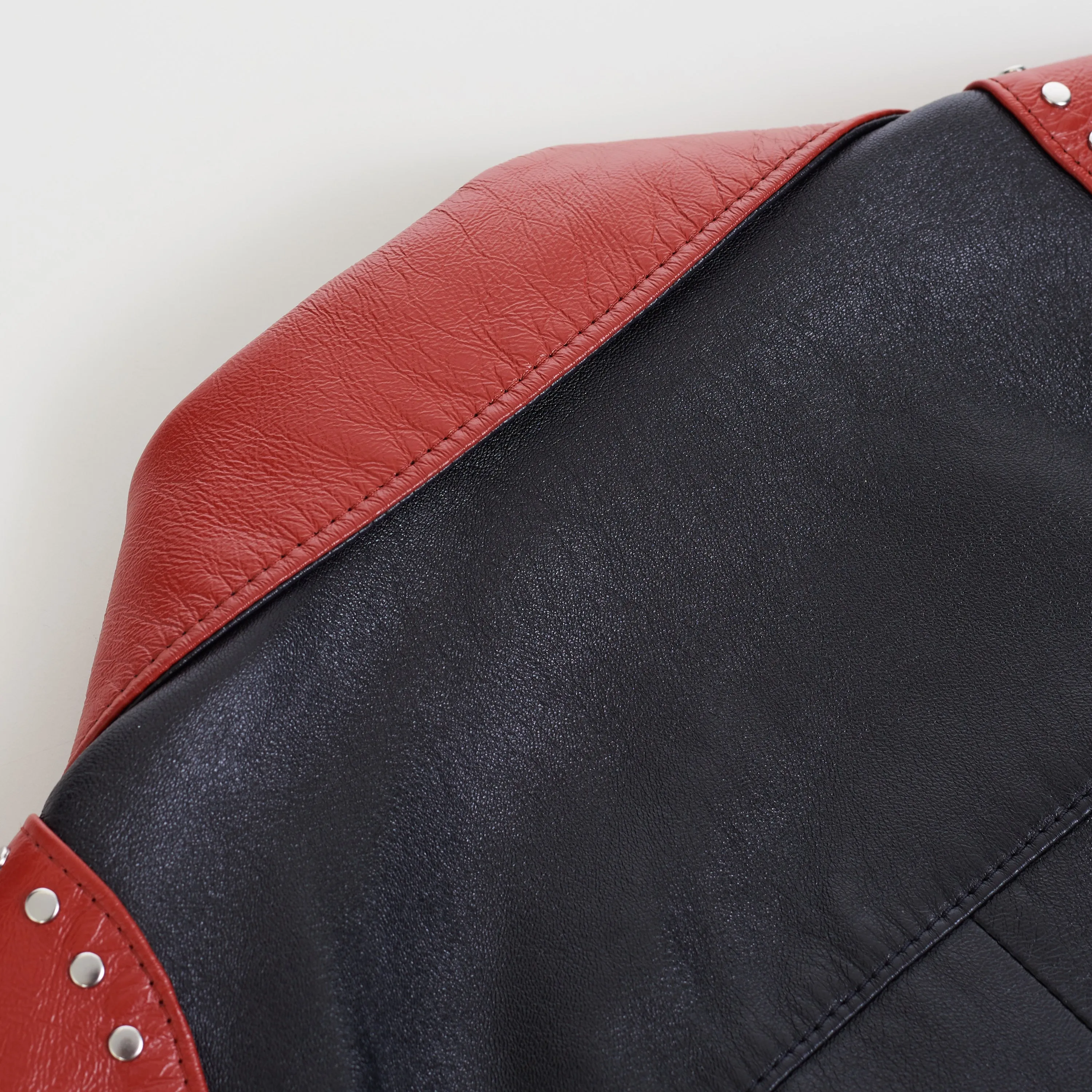 Loose Fit Studded Biker Jacket In Black & Red Soft Lambskin