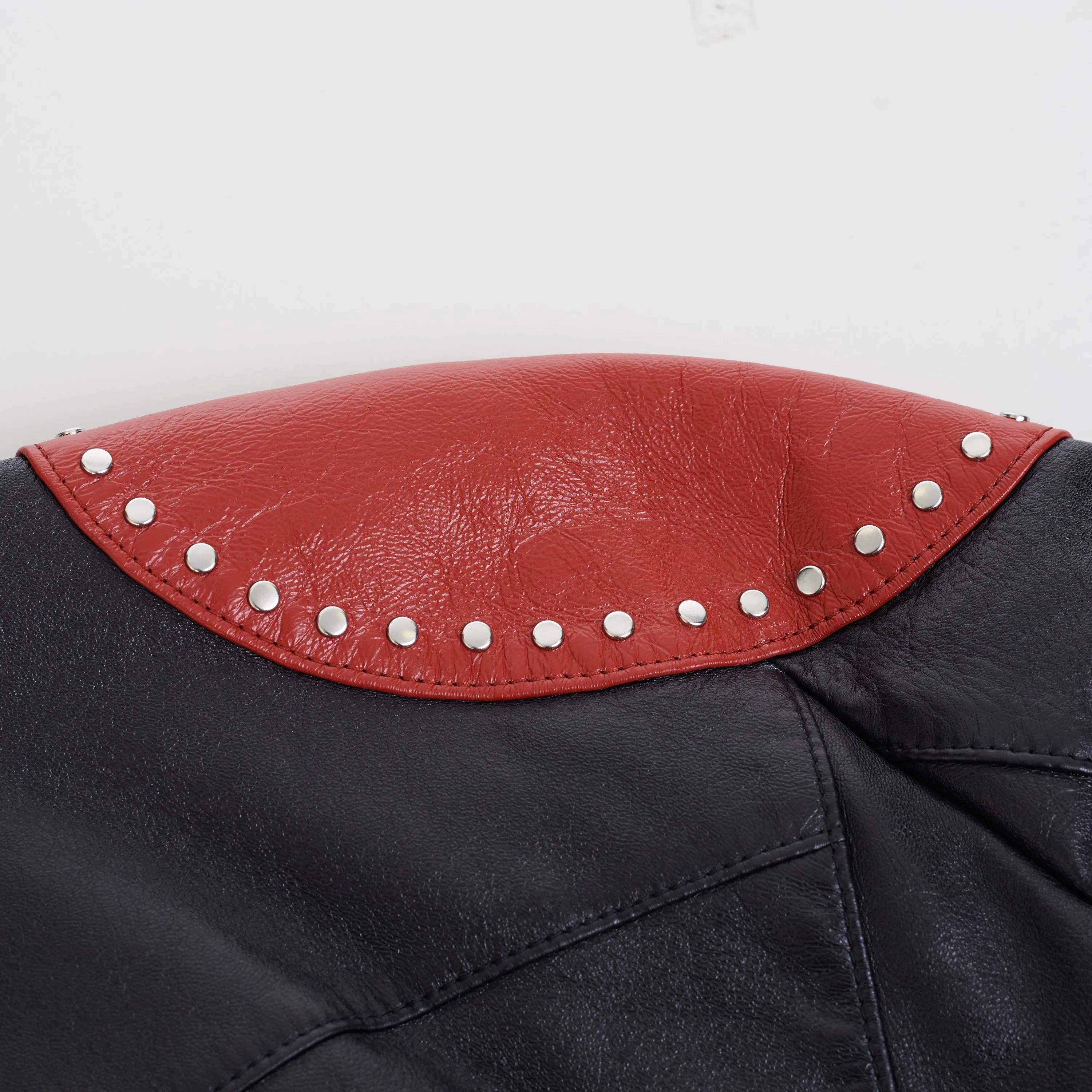 Loose Fit Studded Biker Jacket In Black & Red Soft Lambskin