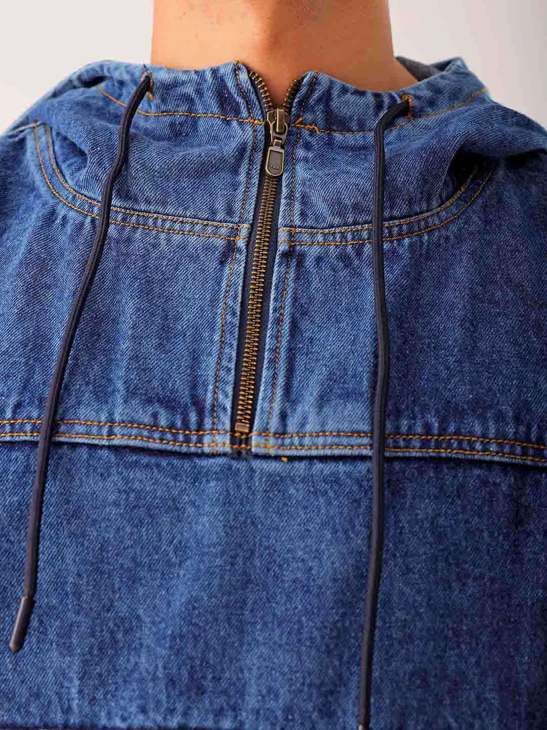 Men Blue Relaxed Fit Solid Hooded Denim Jacket