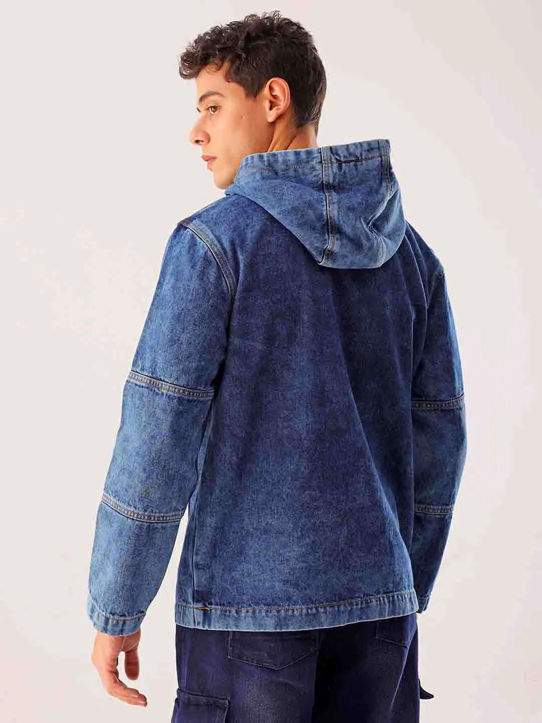 Men Blue Relaxed Fit Solid Hooded Denim Jacket