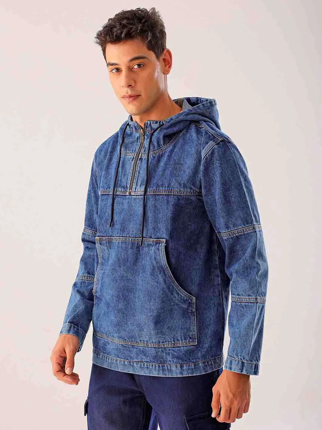 Men Blue Relaxed Fit Solid Hooded Denim Jacket