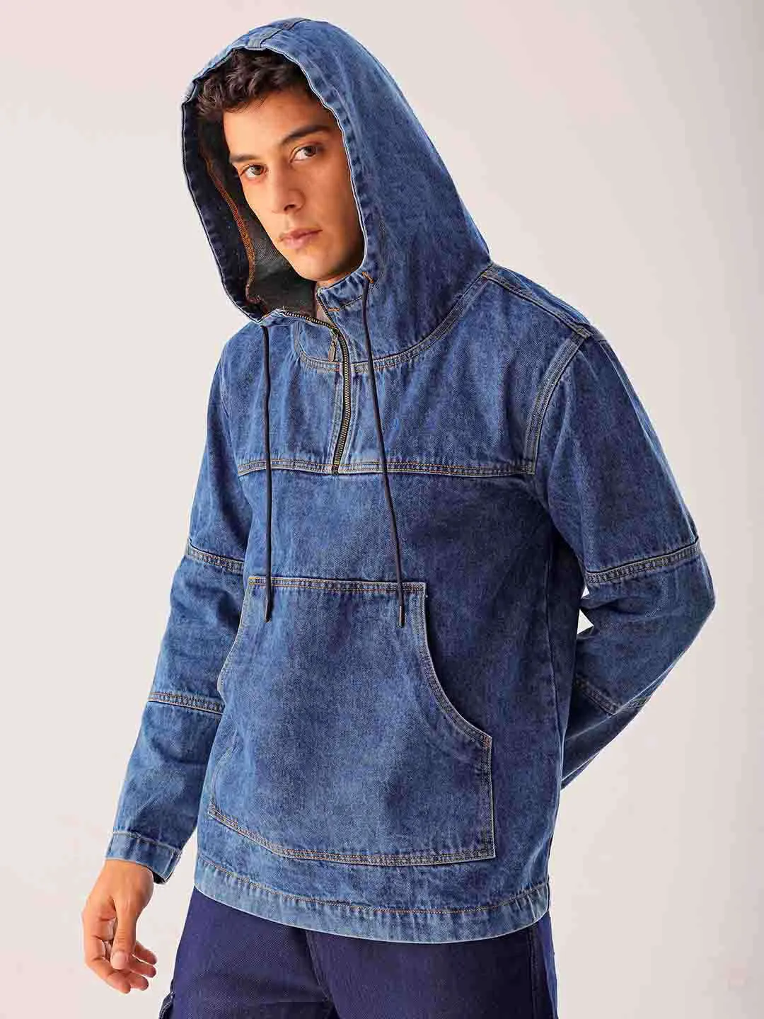 Men Blue Relaxed Fit Solid Hooded Denim Jacket