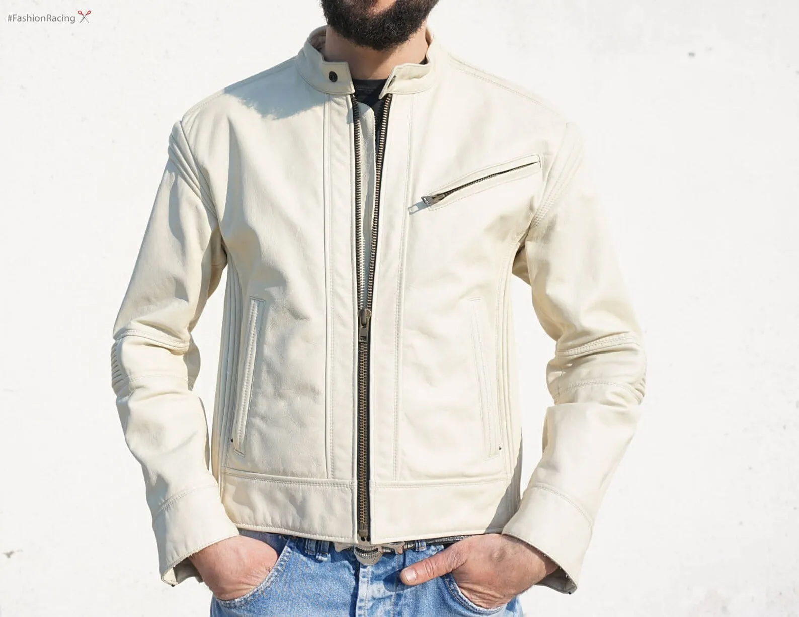 Men's cream leather jacket | Cafe-racer style | Handmade