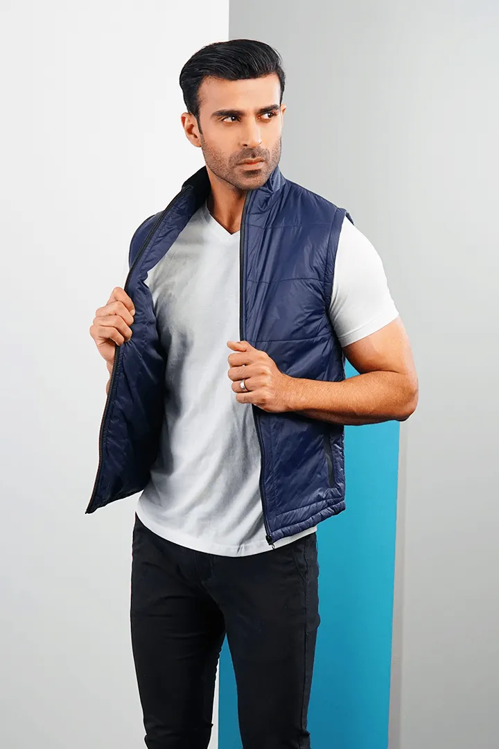 Metallic Navy Sleeveless Puffer Jacket