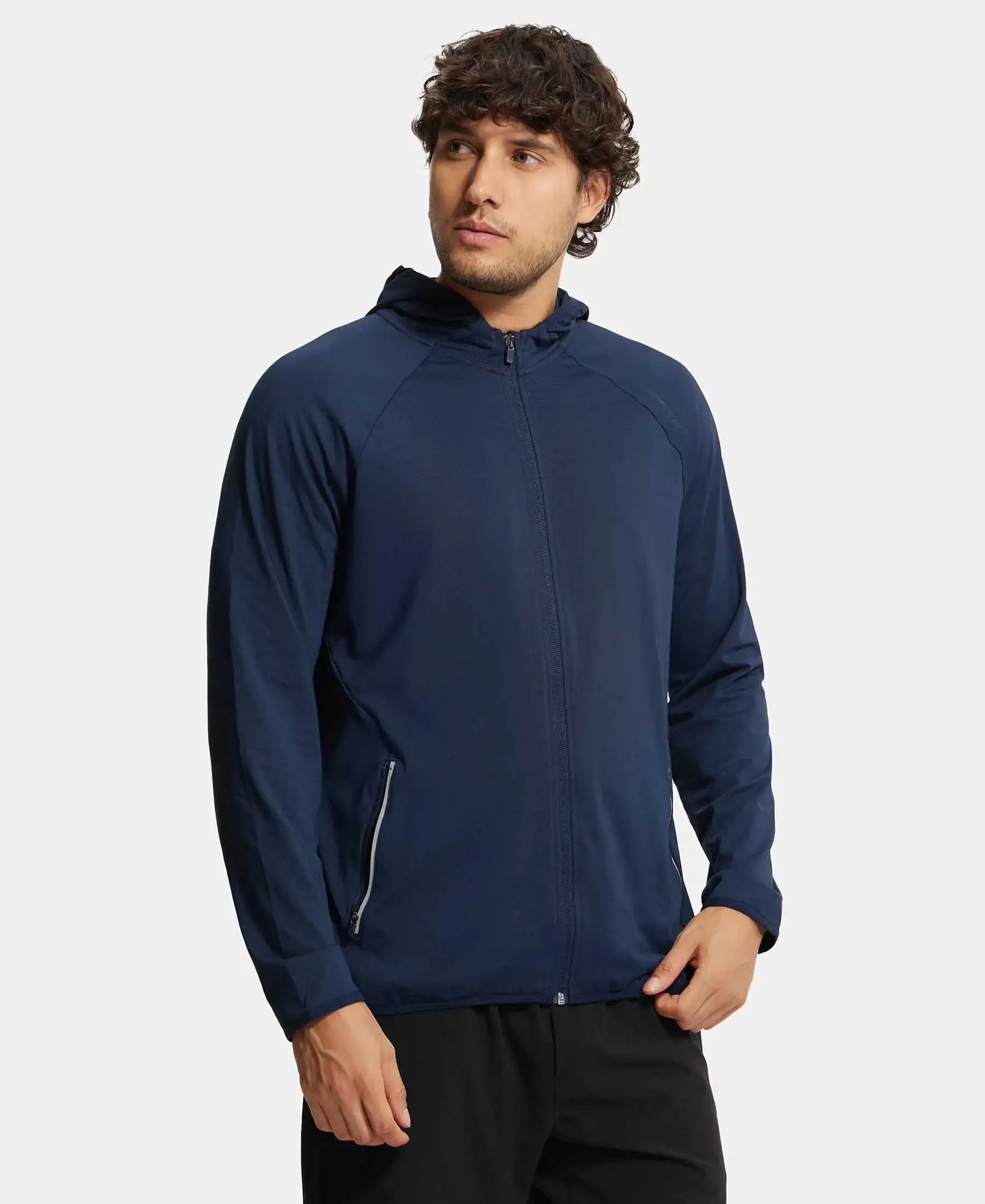 Microfiber Elastane Stretch Performance Hoodie Jacket with StayDry and StayFresh Technology - Navy