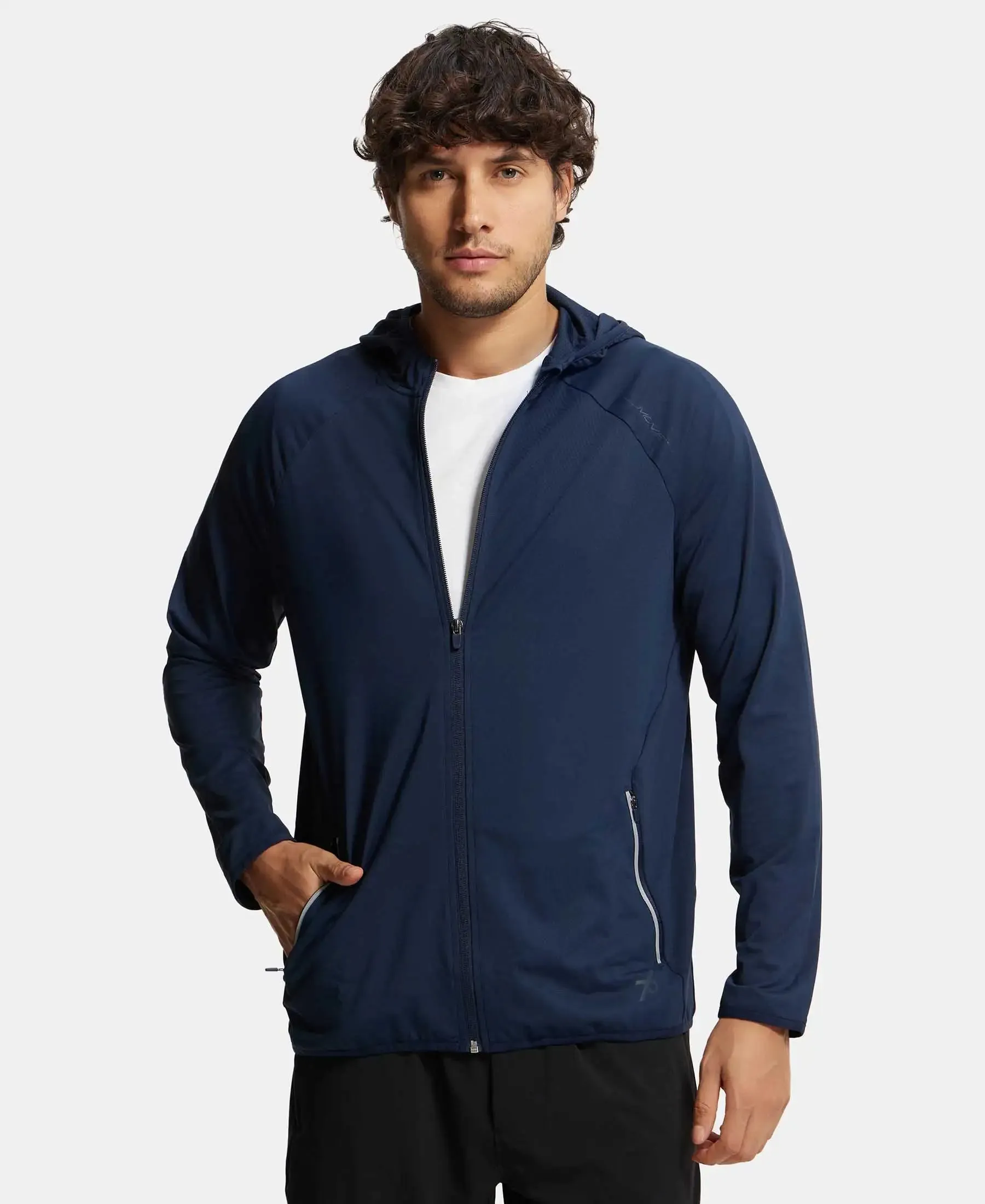 Microfiber Elastane Stretch Performance Hoodie Jacket with StayDry and StayFresh Technology - Navy