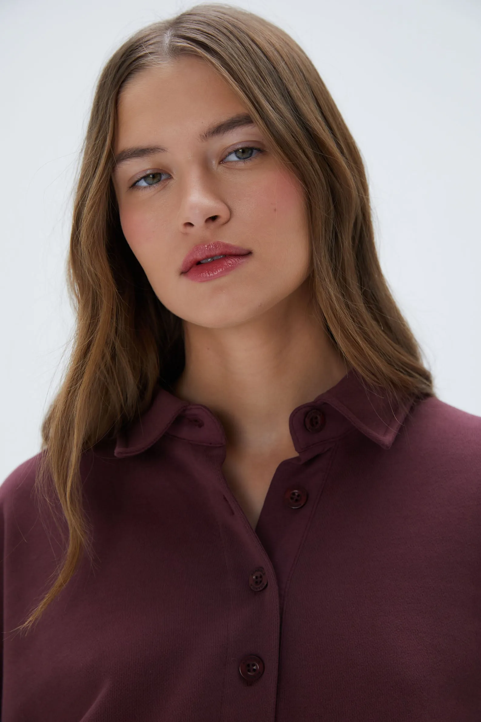 Oversized Button Up Sweatshirt - Burgundy