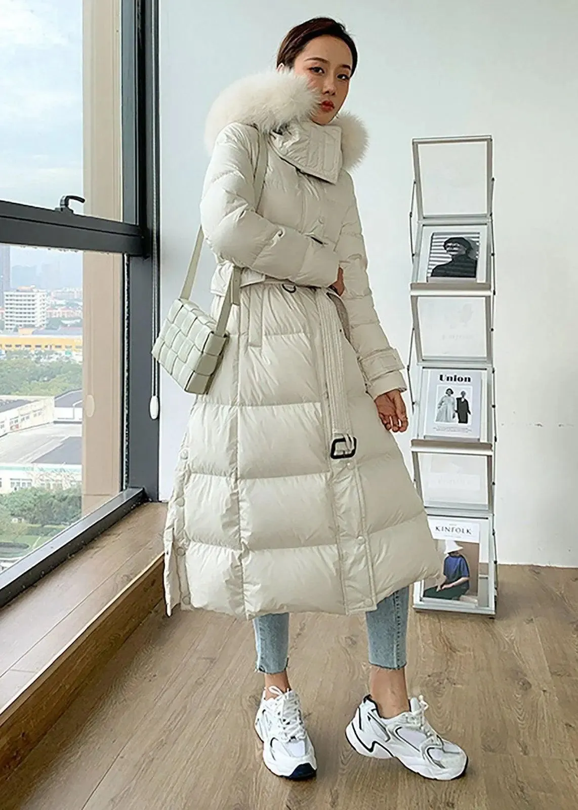 Phoebe Fox Fur Collar Hooded Down Puffer Long Coat