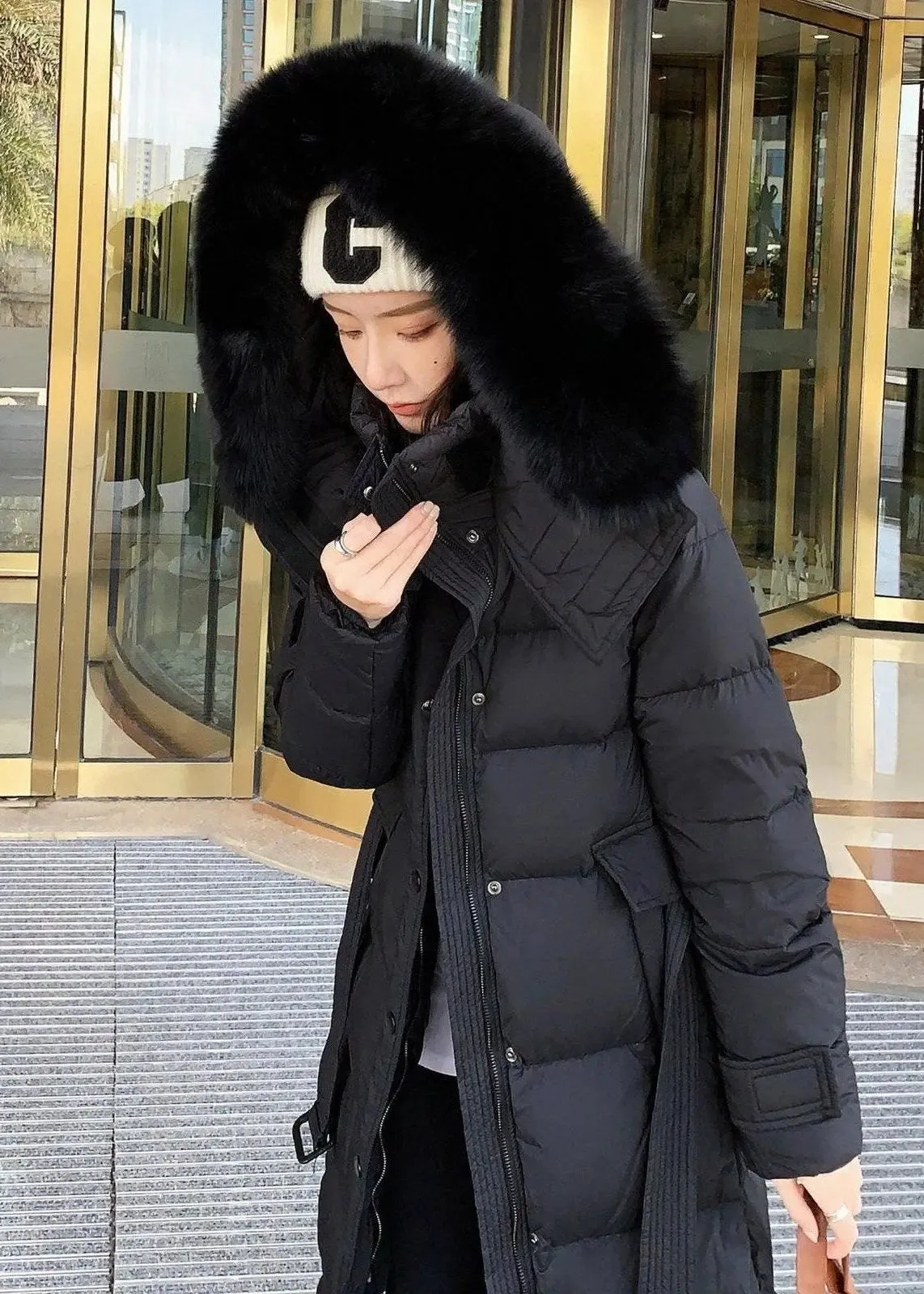 Phoebe Fox Fur Collar Hooded Down Puffer Long Coat