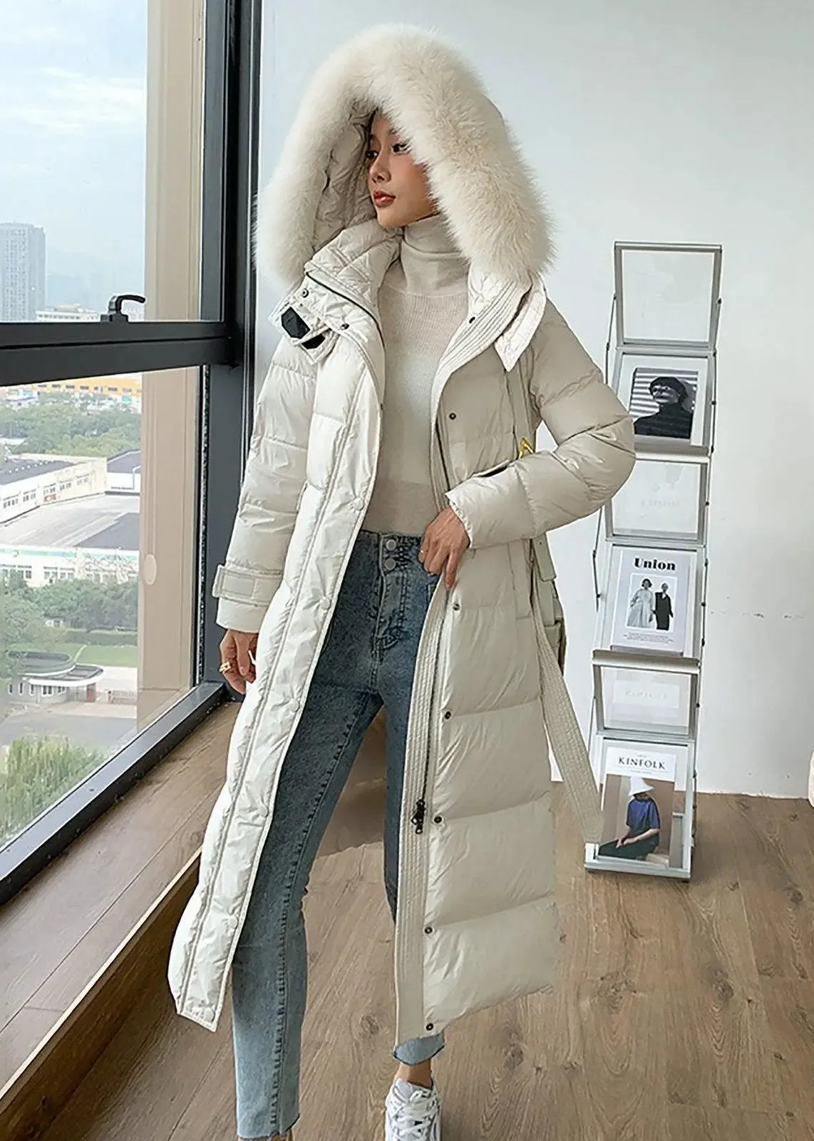 Phoebe Fox Fur Collar Hooded Down Puffer Long Coat