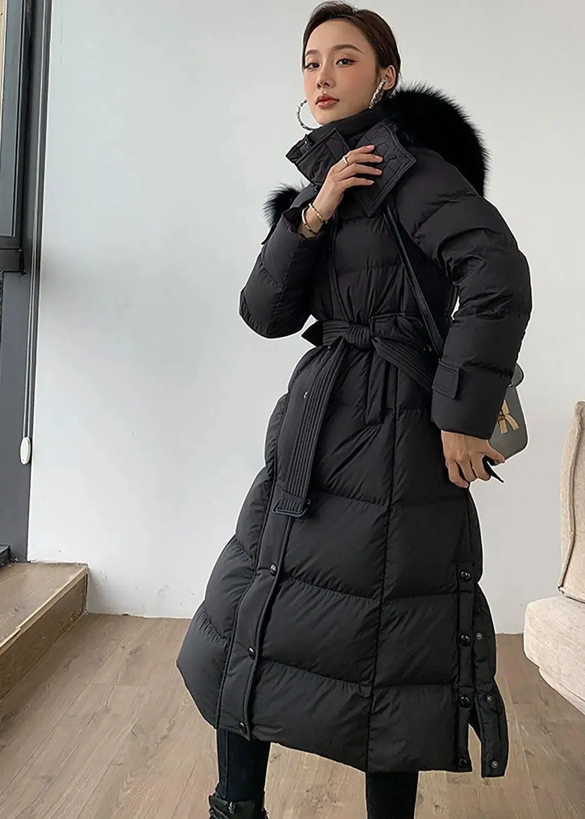 Phoebe Fox Fur Collar Hooded Down Puffer Long Coat