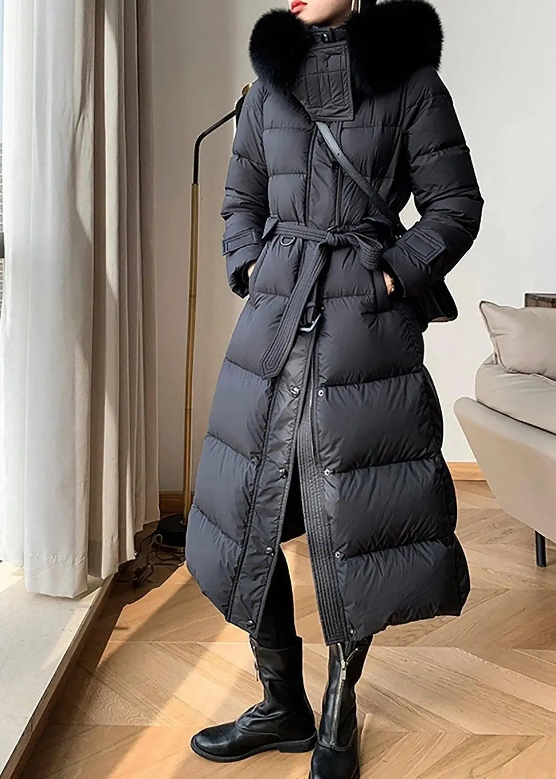 Phoebe Fox Fur Collar Hooded Down Puffer Long Coat