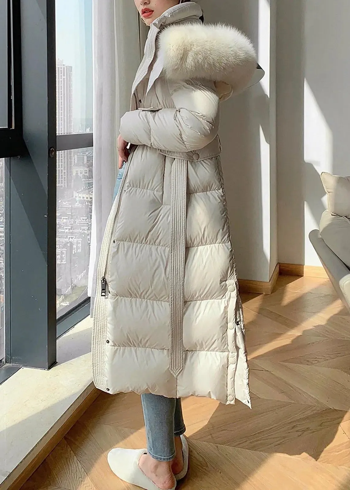 Phoebe Fox Fur Collar Hooded Down Puffer Long Coat