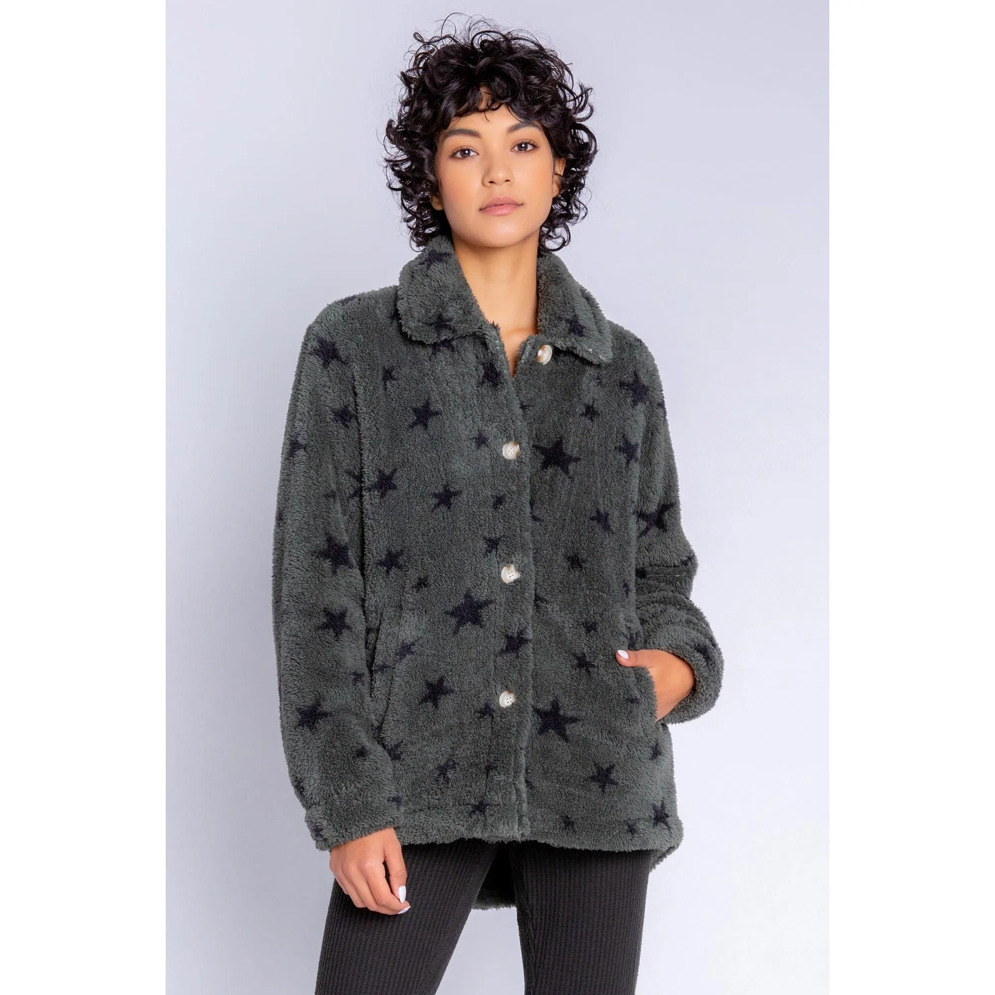 PJ Salvage Women's Cozy Items Stars Jacket - OLIVE