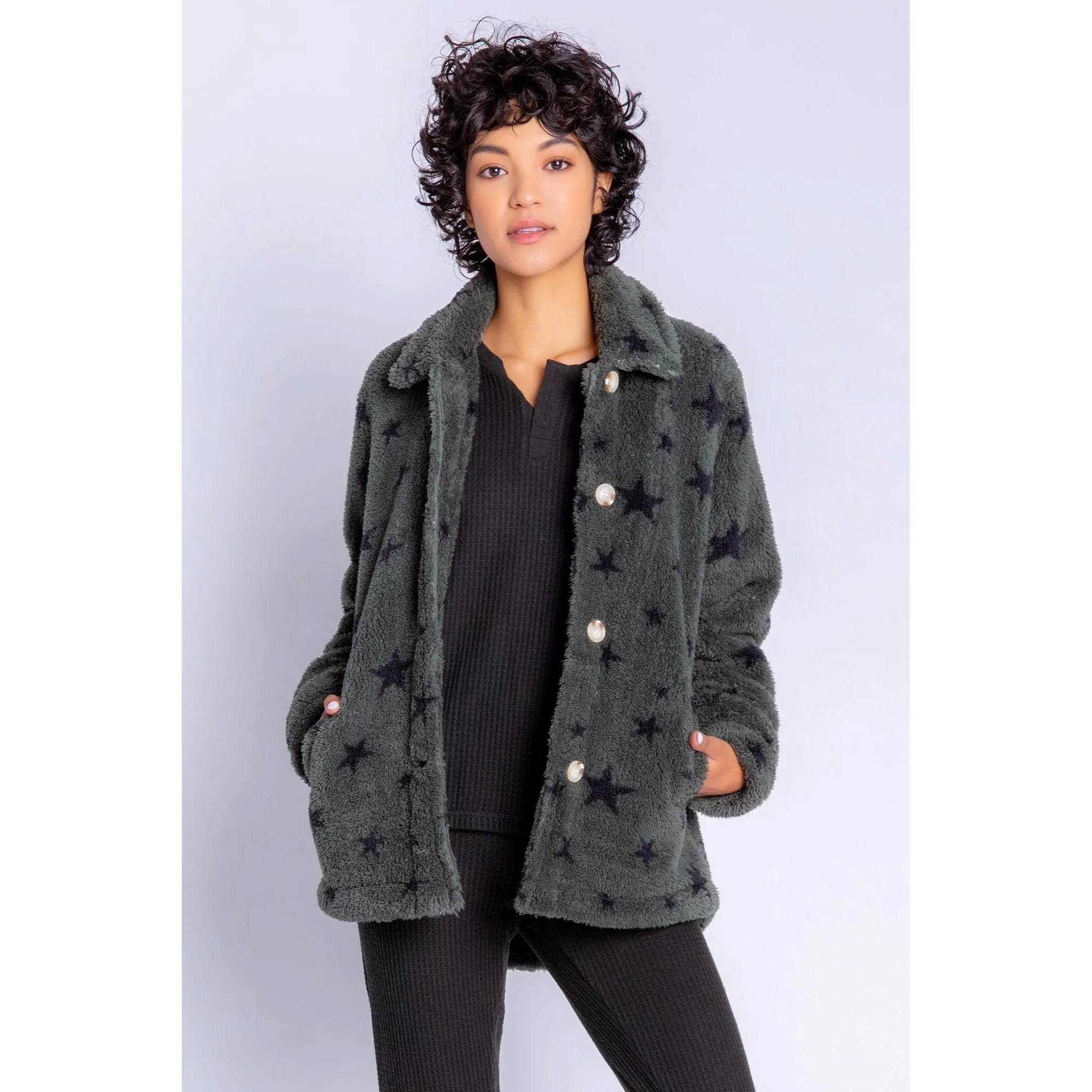 PJ Salvage Women's Cozy Items Stars Jacket - OLIVE