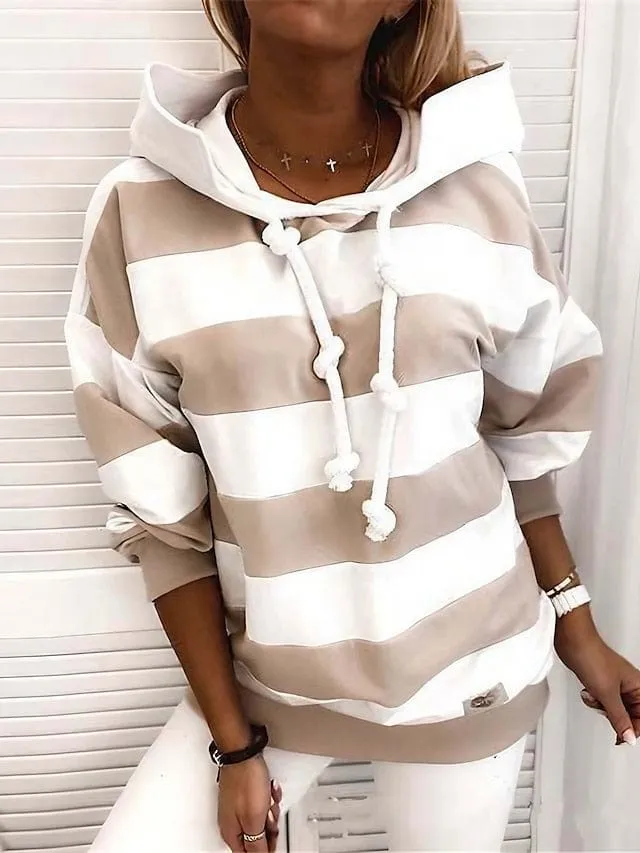 Plus-Size Women's Striped Hoodie Pullover with Drawstring and Hood