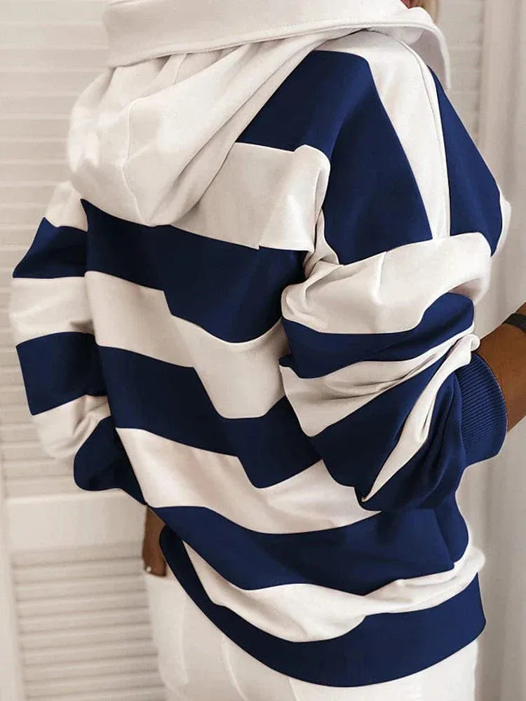 Plus-Size Women's Striped Hoodie Pullover with Drawstring and Hood