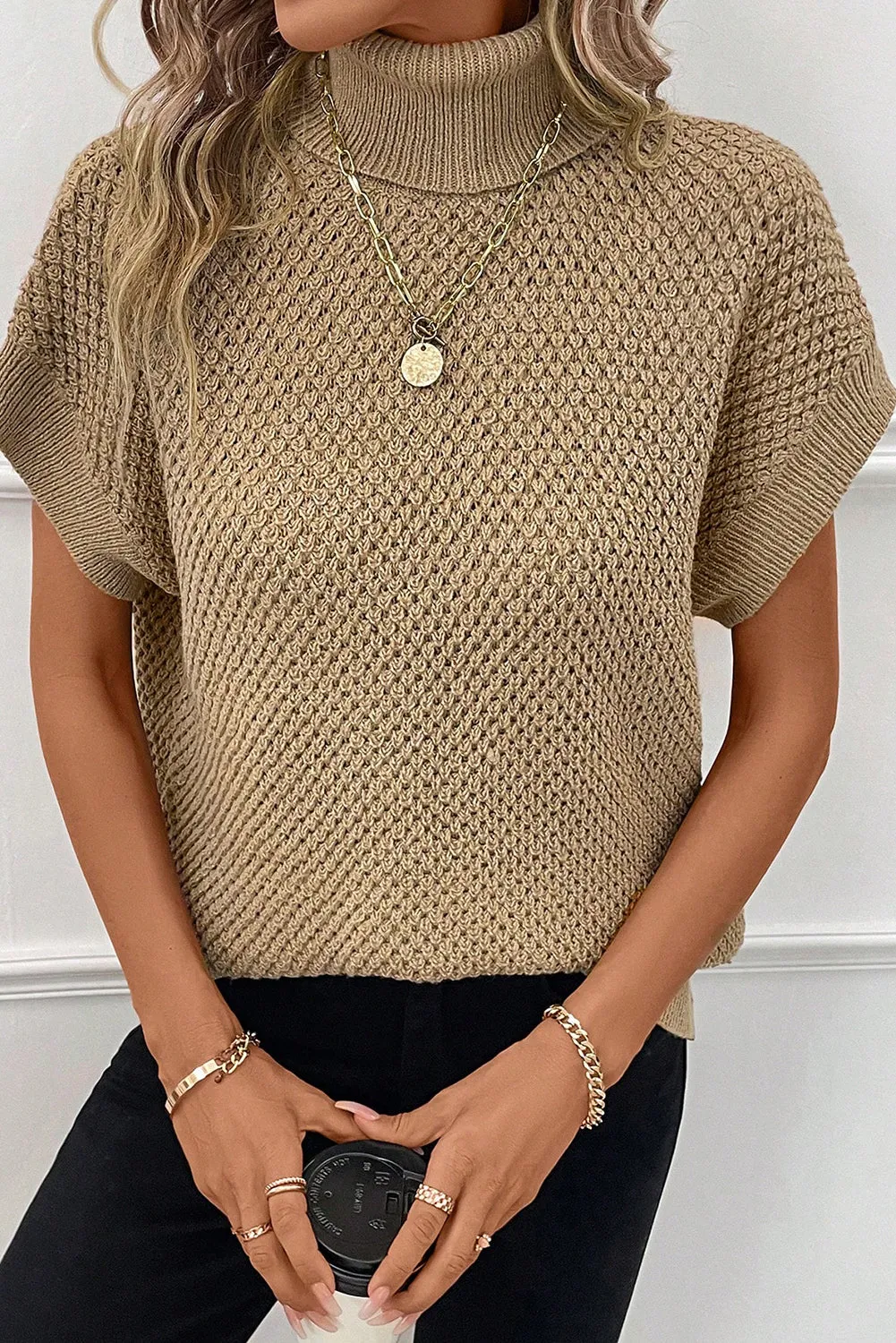 Short Sleeve Khaki Turtleneck Sweater