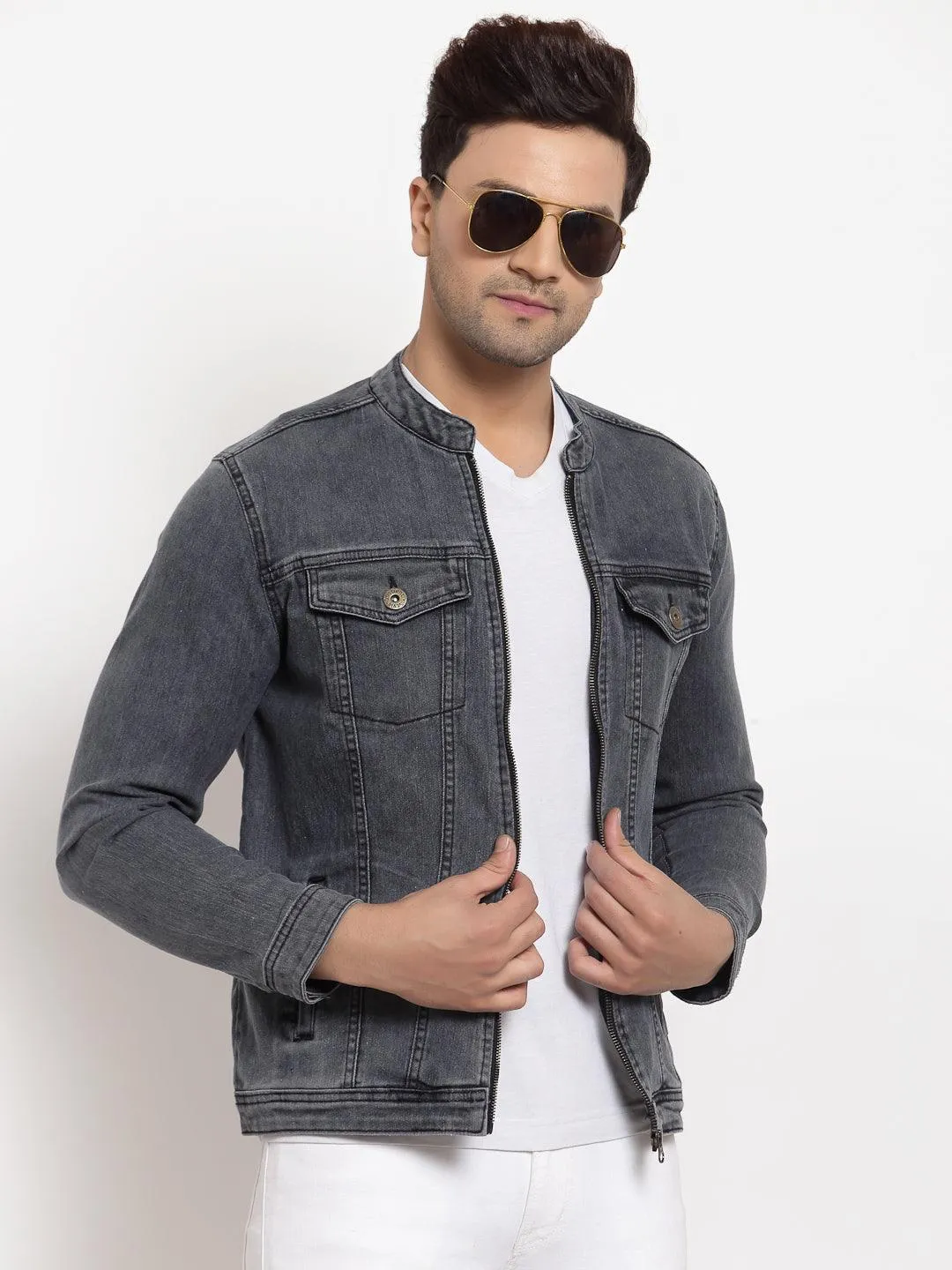 Style Quotient Men Grey Washed Crop Denim Jacket