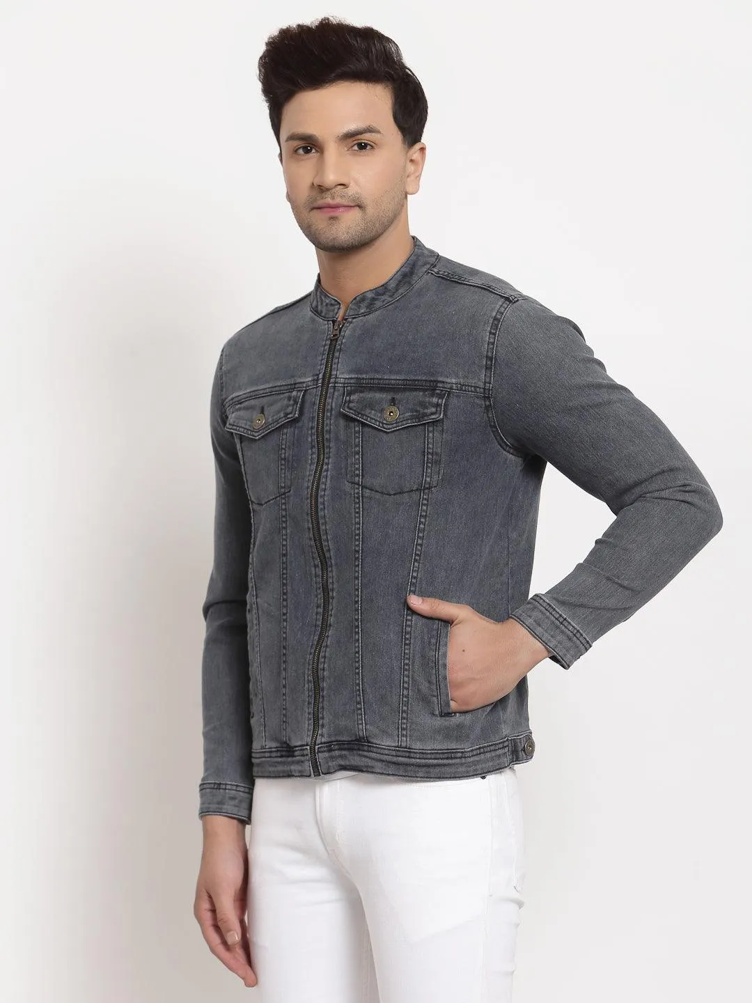 Style Quotient Men Grey Washed Crop Denim Jacket