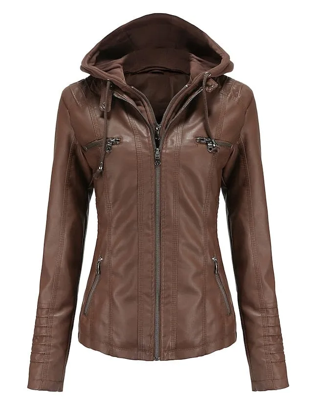 Stylish Windproof Faux Leather Moto Biker Hoodie Jacket for Women