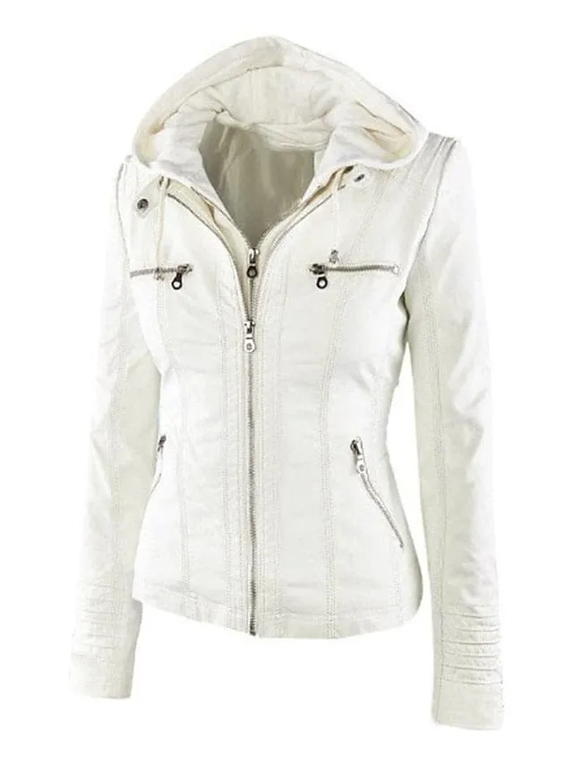 Stylish Windproof Faux Leather Moto Biker Hoodie Jacket for Women