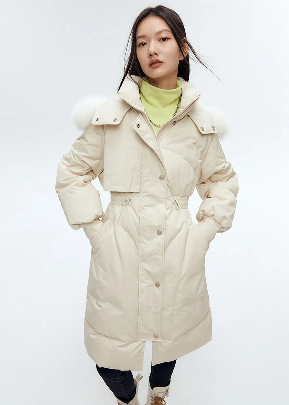 Valerie Fox Fur Collar Quilted Long Down Coat