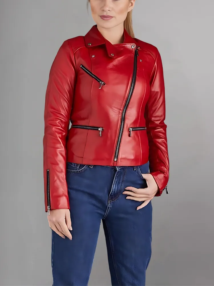 Woman Fashion Red Leather Jacket