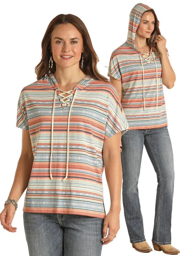 Women's Panhandle Aztec Coral Serape Short Sleeve Hoodie